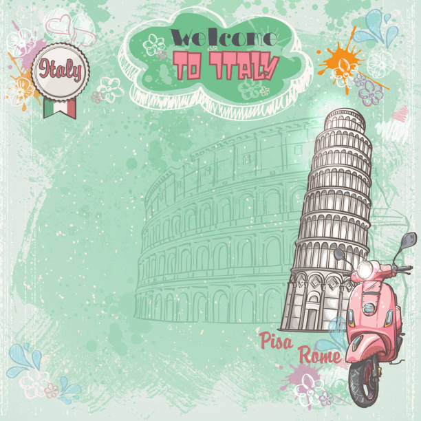 ilustrações, clipart, desenhos animados e ícones de itália. imagem do coliseu, a torre inclinada e rosa bicicleta motorizada - venice italy