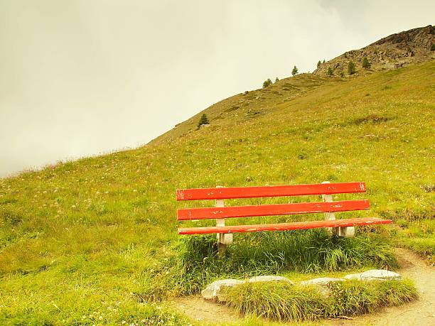 istock Abandoned red bench on hill view point. September misty evening 519382717