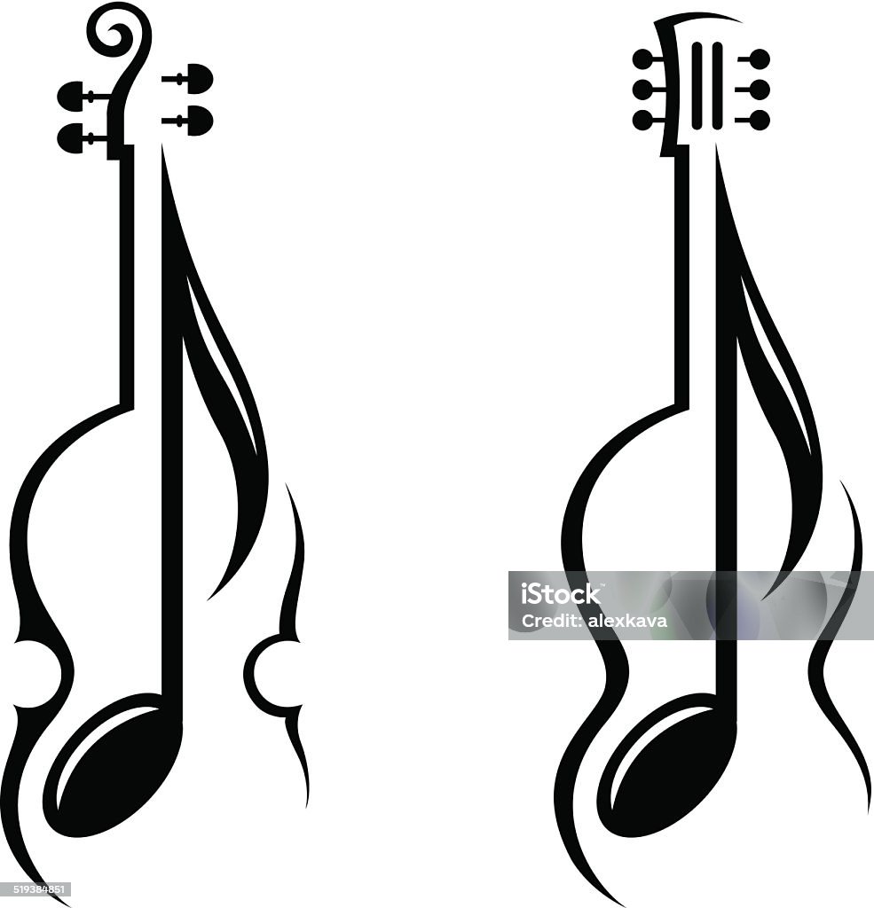 violin, guitar and note monochrome illustration of violin, guitar and note Acoustic Guitar stock vector