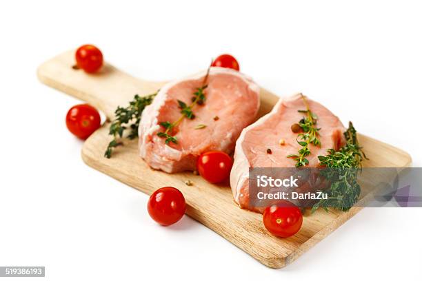 Fresh Raw Pork Steaks On Cutting Board Stock Photo - Download Image Now - Barbecue - Meal, Barbecue Grill, Butcher