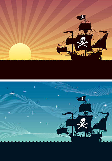 Pirate Backgrounds Two cartoon backgrounds with pirate ships. Each is in A4 proportions but you can extend the black area downwards. pirate flag stock illustrations