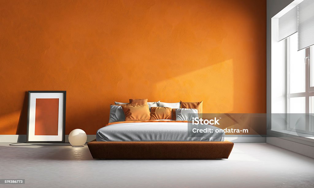 orange bedroom 3d render of orange bedroom Bedroom Stock Photo