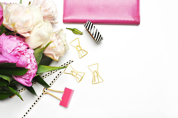 istock Office woman desktop. View table. Flat lay. Peonies and stationery 519387806