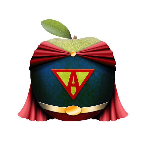 superman apple - humor badge blue crime stock-fotos und bilder