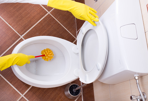 Woman with protective gloves cleaning toilet bowl with brush