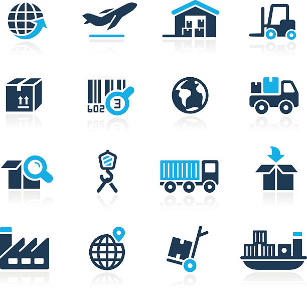 ilustraciones, imágenes clip art, dibujos animados e iconos de stock de de la industria y la logística serie iconos-azul - trucking