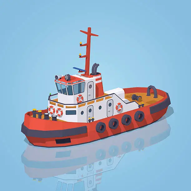 Vector illustration of Low poly red and white tugboat