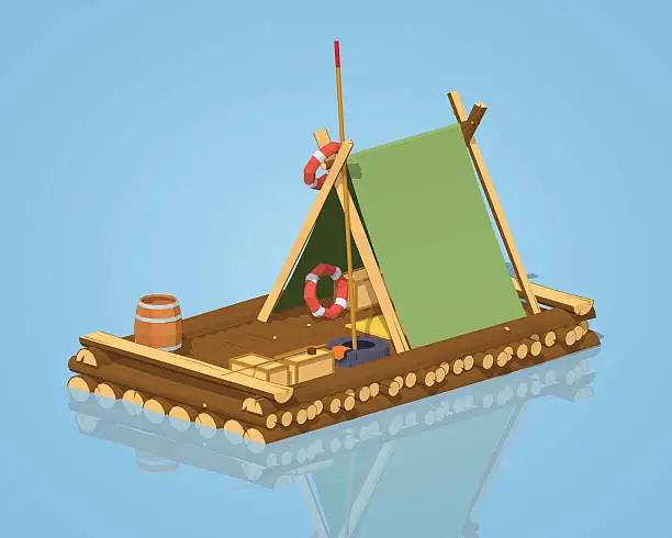 Vector illustration of Low poly wooden raft