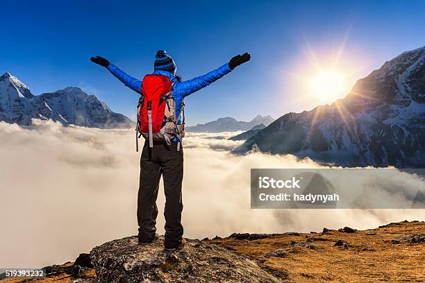 Woman Watching Sunset Over Himalayas Mount Everest National Park Stock Photo - Download Image Now