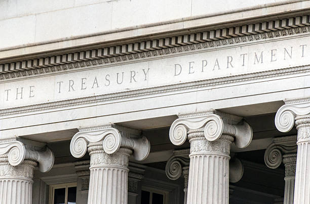 istock US treasury department sign in Washington DC facade 519393814