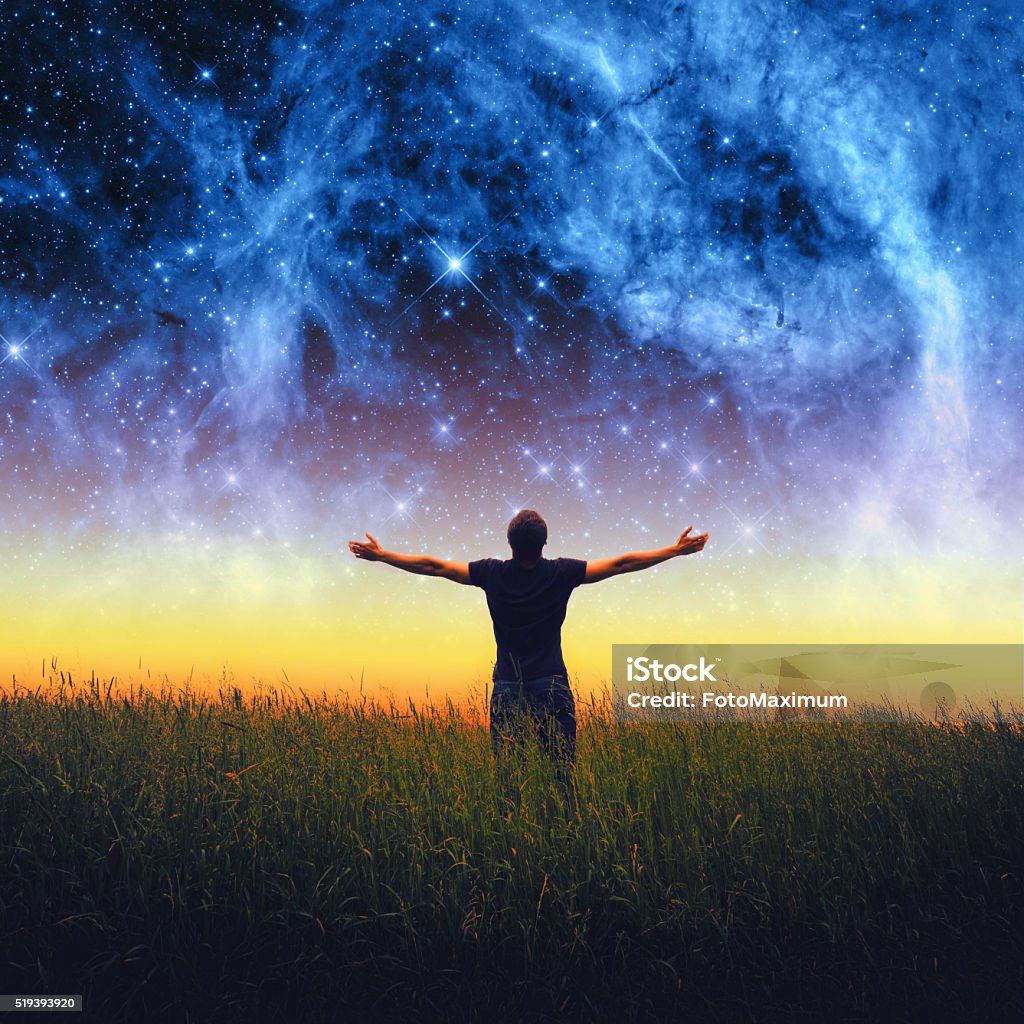 Man silhouette . Elements of this image furnished by NASA Silhouette of man and stars sky. Elements of this image furnished by NASA Achievement Stock Photo