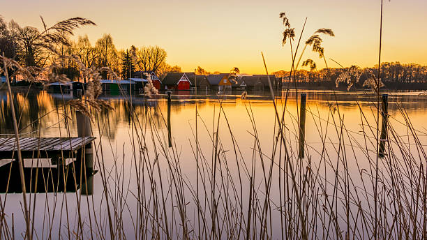 Röbel Boathouses during sunrise A row of boathouses during sunrise near Röbel Harbour. mecklenburg vorpommern photos stock pictures, royalty-free photos & images