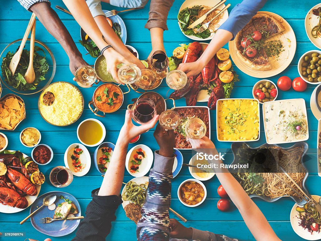 Friends Happiness Enjoying Dinning Eating Concept Mediterranean Food Stock Photo