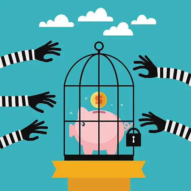 Vector illustration of Thieves stealing money from piggy bank. Economic protection design concept