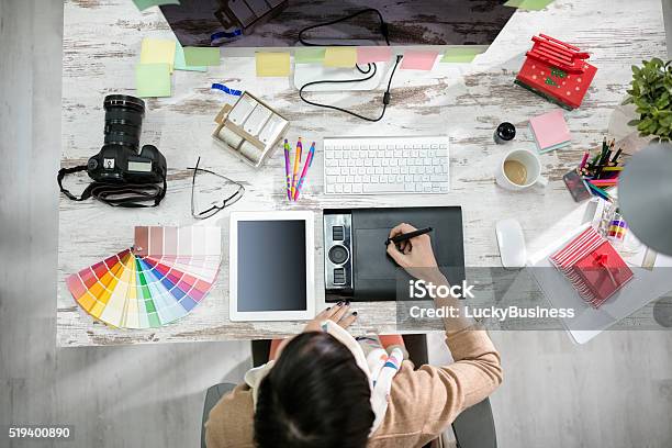 Woman Designer Working On The Pen Table Stock Photo - Download Image Now - Design Professional, Computer Graphic, Desk