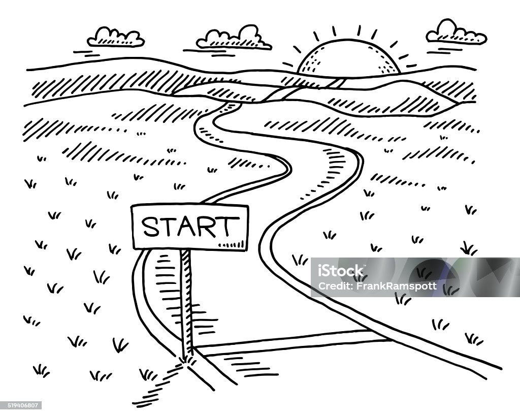 Start Sign Path Landscape Sun Drawing Hand-drawn vector drawing of a Landscape with a Start Sign and a Path to the Sun. Black-and-White sketch on a transparent background (.eps-file). Included files are EPS (v10) and Hi-Res JPG. Road stock vector