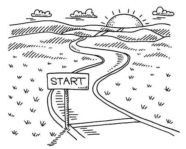 Vector illustration of Start Sign Path Landscape Sun Drawing