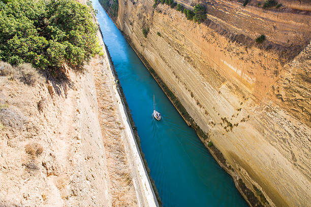 Corinth Canal,Greece...small sailing boat passing through