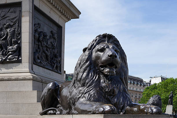 statua del leone in trafalgar square, londra, regno unito - lion statue london england trafalgar square foto e immagini stock