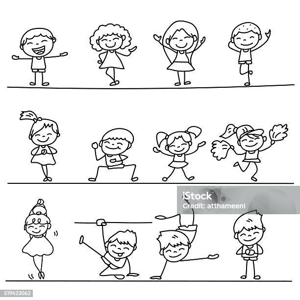 Set Of Hand Drawing Cartoon Happy People Stock Illustration - Download Image Now - Abstract, Adult, Boys