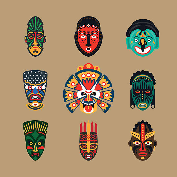 ilustraciones, imágenes clip art, dibujos animados e iconos de stock de máscara étnica iconos - guerrero tribal vector ilustración máscara