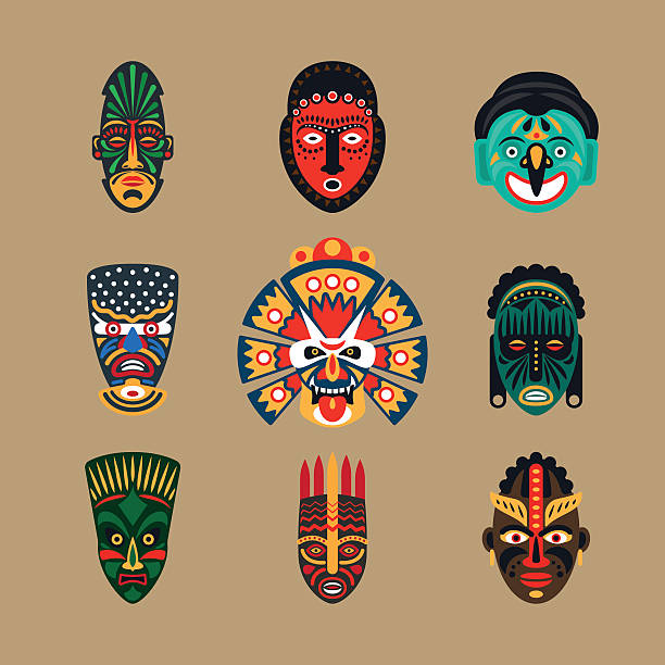 Ethnic mask icons Ethnic mask icons or inca flat masks. Tribal ethnic masks vector illustration african warriors stock illustrations