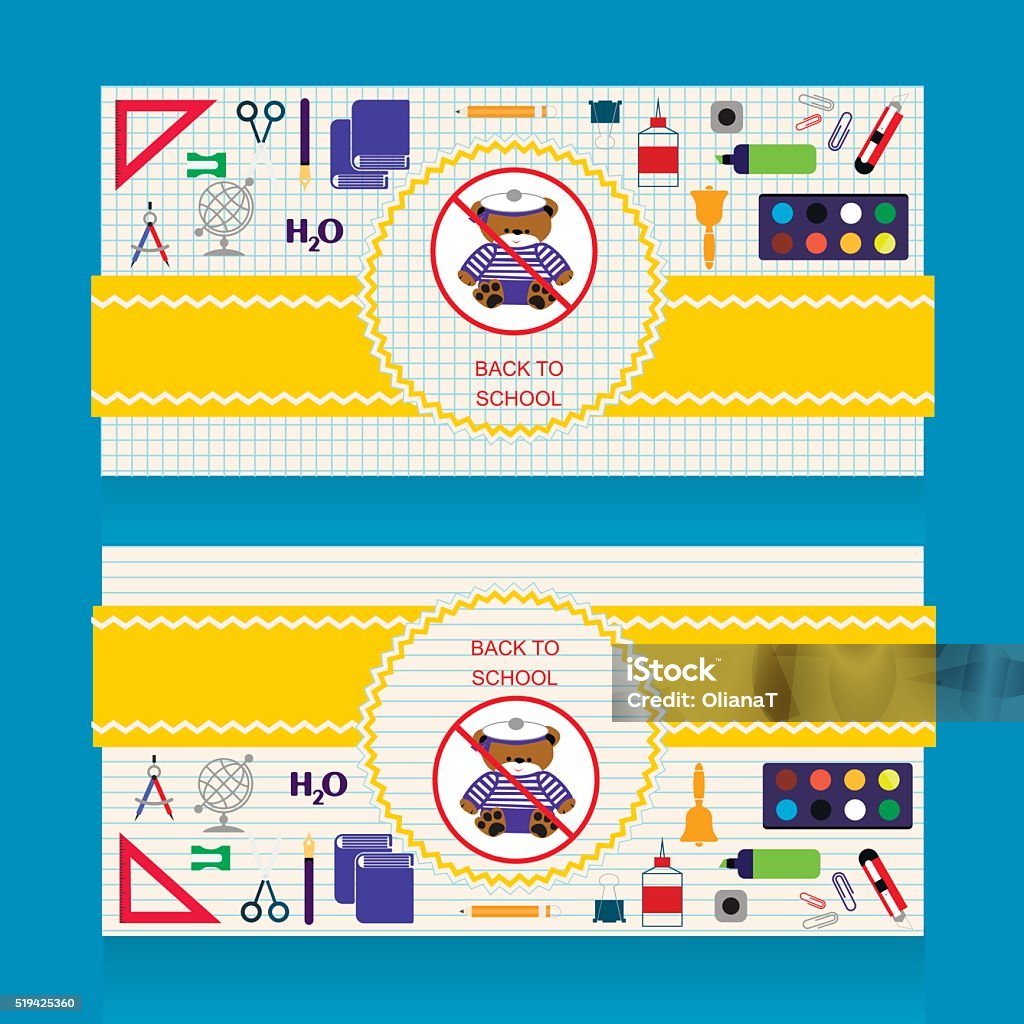 0316_27  banners Back to school set of banners and icons  preschool. Kindergarten classroom.back to school - set of tow  banners  don't take the bear. Vector school illustration. Alarm Clock stock vector