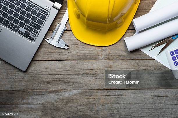 Engineer Desk Background Project Ideas Concept Stock Photo - Download Image Now - Construction Industry, Education, Table