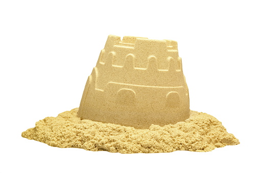 Single Sand Castle Tower Made of Kinetic or Magic Sand Isolated On White Background, Indoor Or Outdoor Summer Activity, Front View, Close Up, Isolated