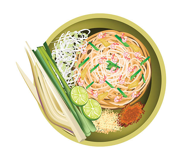 Pad Thai or Traditional Stir Fried Noodles with Shrimps Thai Cuisine, Pad Thai or Thai Traditional Stir Fried Noodles with Shrimps. One of The Most Popular Food in Thailand. pad thai stock illustrations