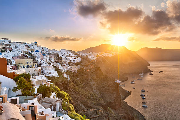 Oia in the morning with the sun stock photo