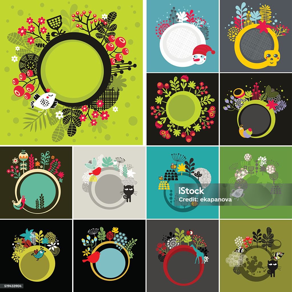 Set of round banners with floral background. Set of round banners with floral background. Vector illustrations with animals, insects and birds. Bee stock vector