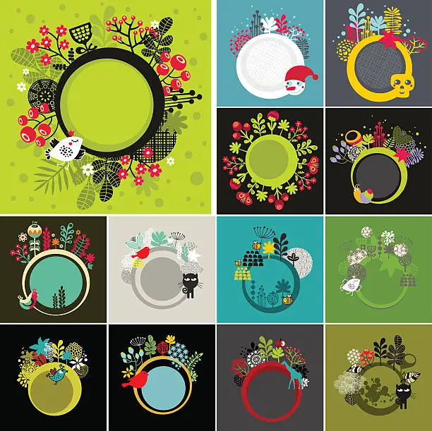 Vector illustration of Set of round banners with floral background.
