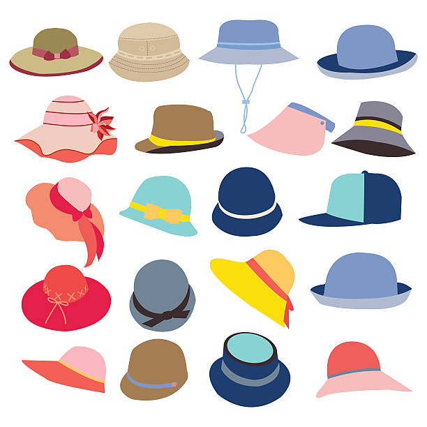 collection of hats for men and women Vector collection of hats for men and women icons set, different types of hats sun hat stock illustrations