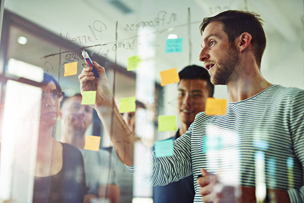 Going over every detail Cropped shot of coworkers using sticky notes on a glass wall during a meeting organised group stock pictures, royalty-free photos & images