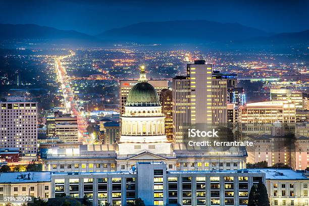 Salt Lake City Skyline At Dusk Stock Photo - Download Image Now - Architecture, Cityscape, Communication