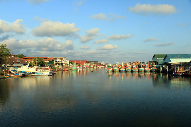 istock Fishing boat harbor  background 519435748