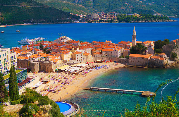 Montenegro Sea view to the Old Town of Budva in Montenegro budva stock pictures, royalty-free photos & images