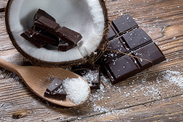 Chocolate and coconut on old table