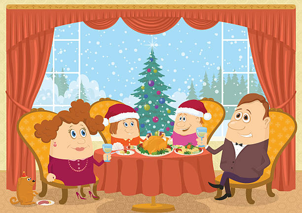 Family at home celebrating Christmas Happy family, father, mother, son and daughter, sitting at home near the table and celebrating Christmas with view on fir tree, holiday background cartoon. Eps10, contains transparencies. Vector banquet chairs stock illustrations