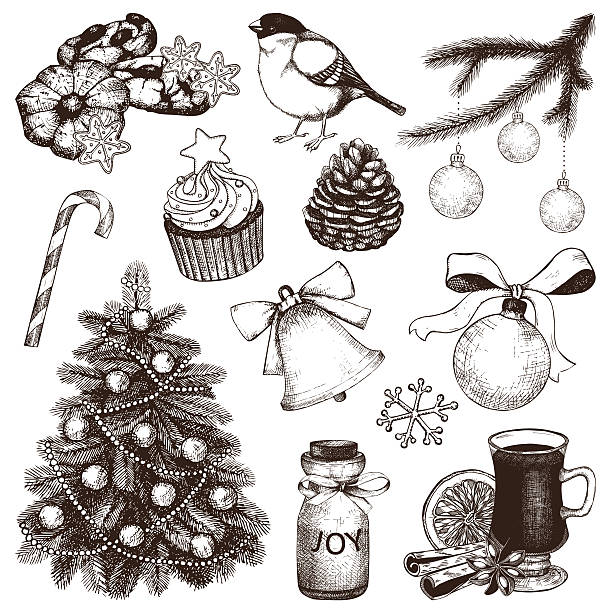 ilustraciones, imágenes clip art, dibujos animados e iconos de stock de árbol de navidad de ilustración - engraving old fashioned cake food