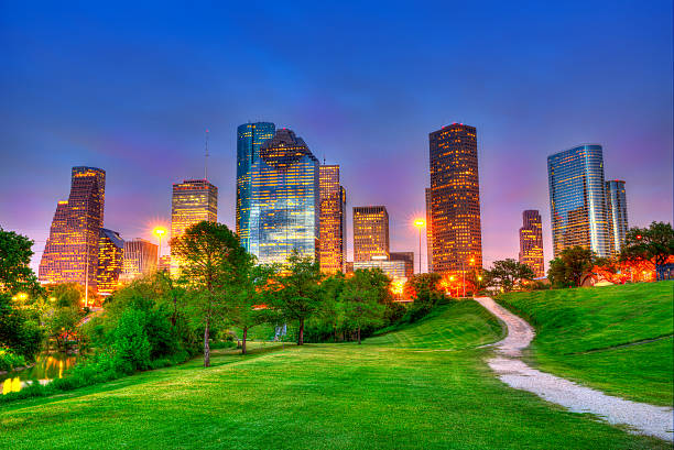 houston texas modern skyline at sunset twilight on park - houston-texas bildbanksfoton och bilder