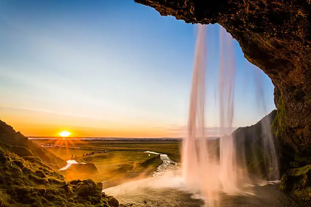 Photo of Iceland landscape, Seljalandsfoss waterfall at sunset