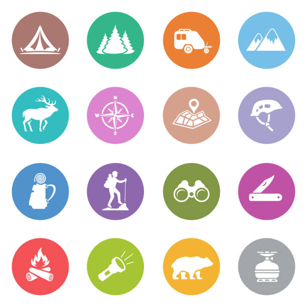 camping-icon-set - compass map hiking orienteering stock-grafiken, -clipart, -cartoons und -symbole