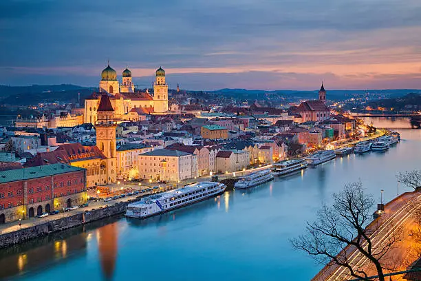 Passau skyline during twilight blue hour, Bavaria, Germany.