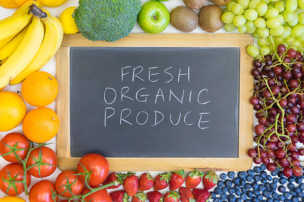 istock Black chalkboard for fresh organic produce 519468380