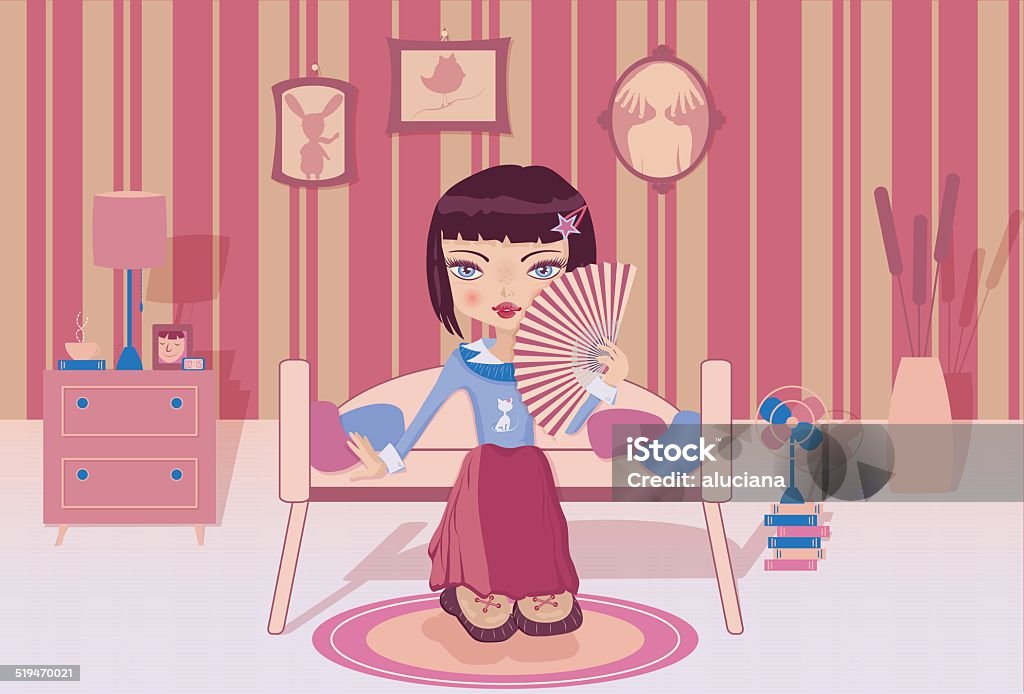 Cute Girl Sitting Alone In Her Room Stock Illustration - Download Image Now  - Cartoon, Domestic Room, Girls - iStock