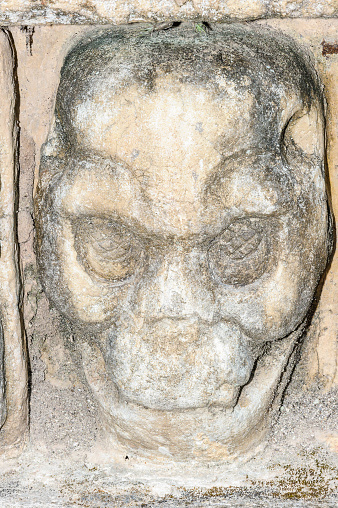 Sculpted head stone at Copan Ruins, UNESCO World Heritage Site, Honduras, Central America