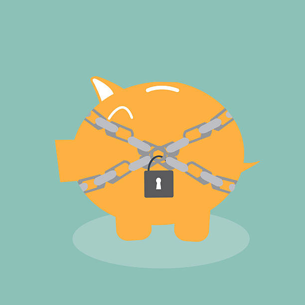 Savings protection - Piggy bank in chains vector art illustration