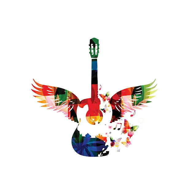 Vector illustration of Colorful guitar with wings